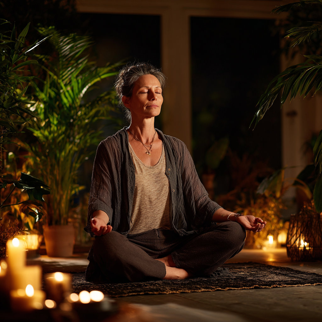 Жінка 52 років сидить у позі лотоса з заплющеними очима під час медитації в тихій кімнаті зі свічками та рослинами
